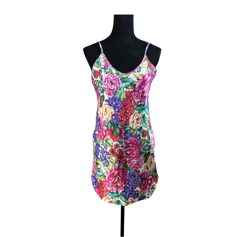 Vintage Honors Intimates Colorful Multicolor Floral Satin Floral Slip Dress S/M